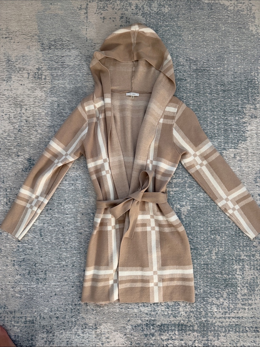 Sioni Beige Plaid Hooded Belted Coatigan